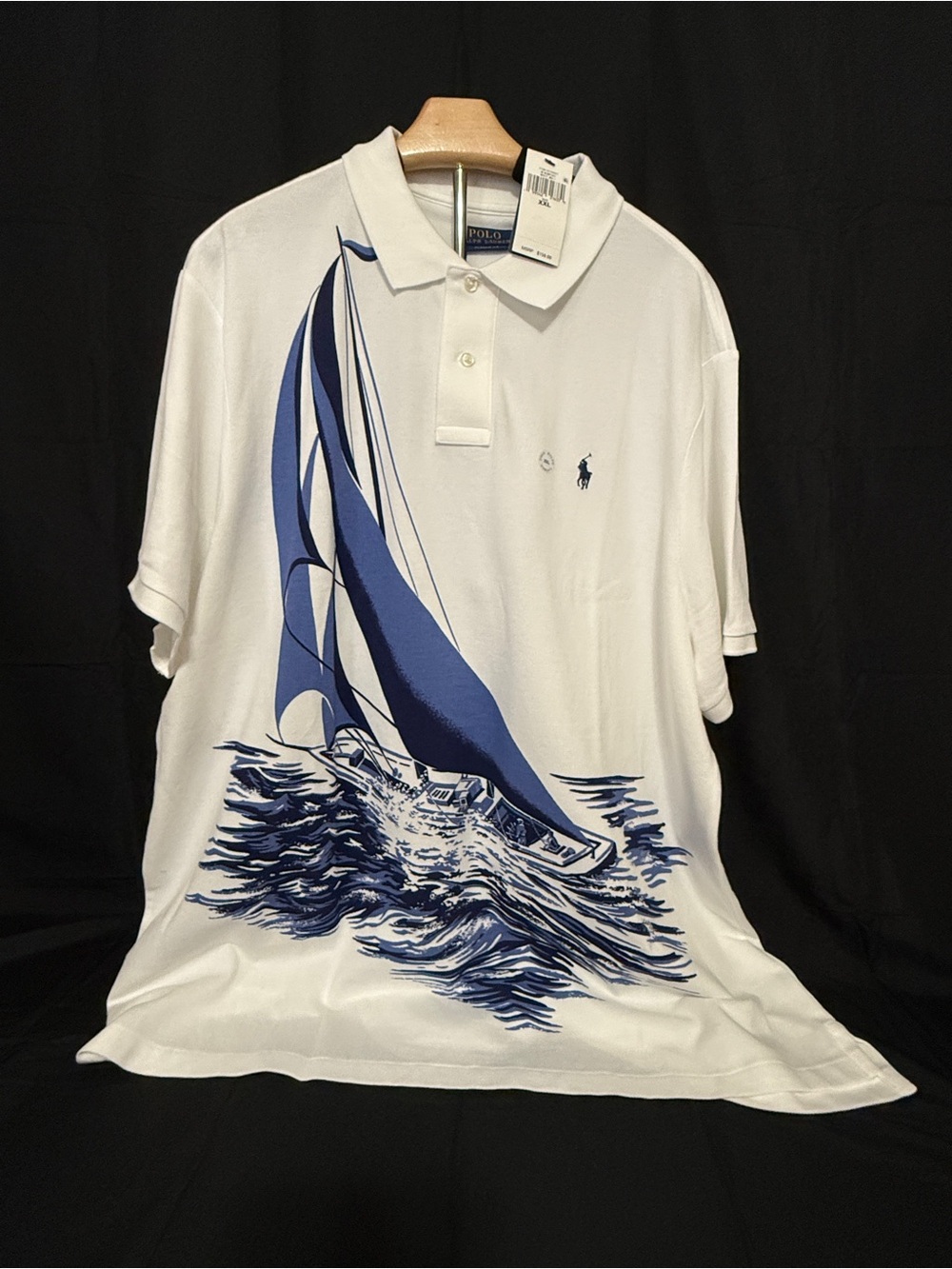 Ralph Lauren White Polo with Blue Sailing Graphic